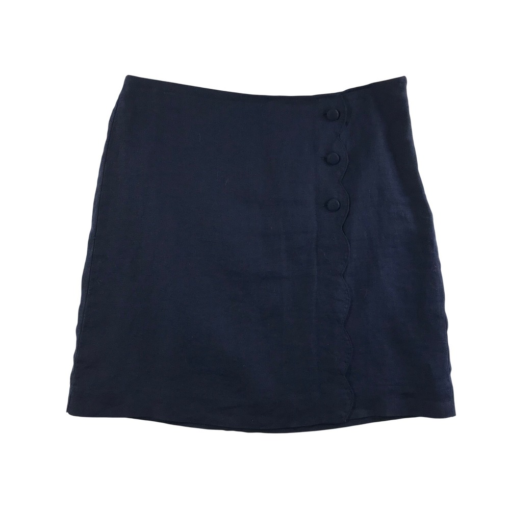 Talbots Petite Navy Blue‎ 100% Linen Scalloped Button Mini Skirt Size 10P
